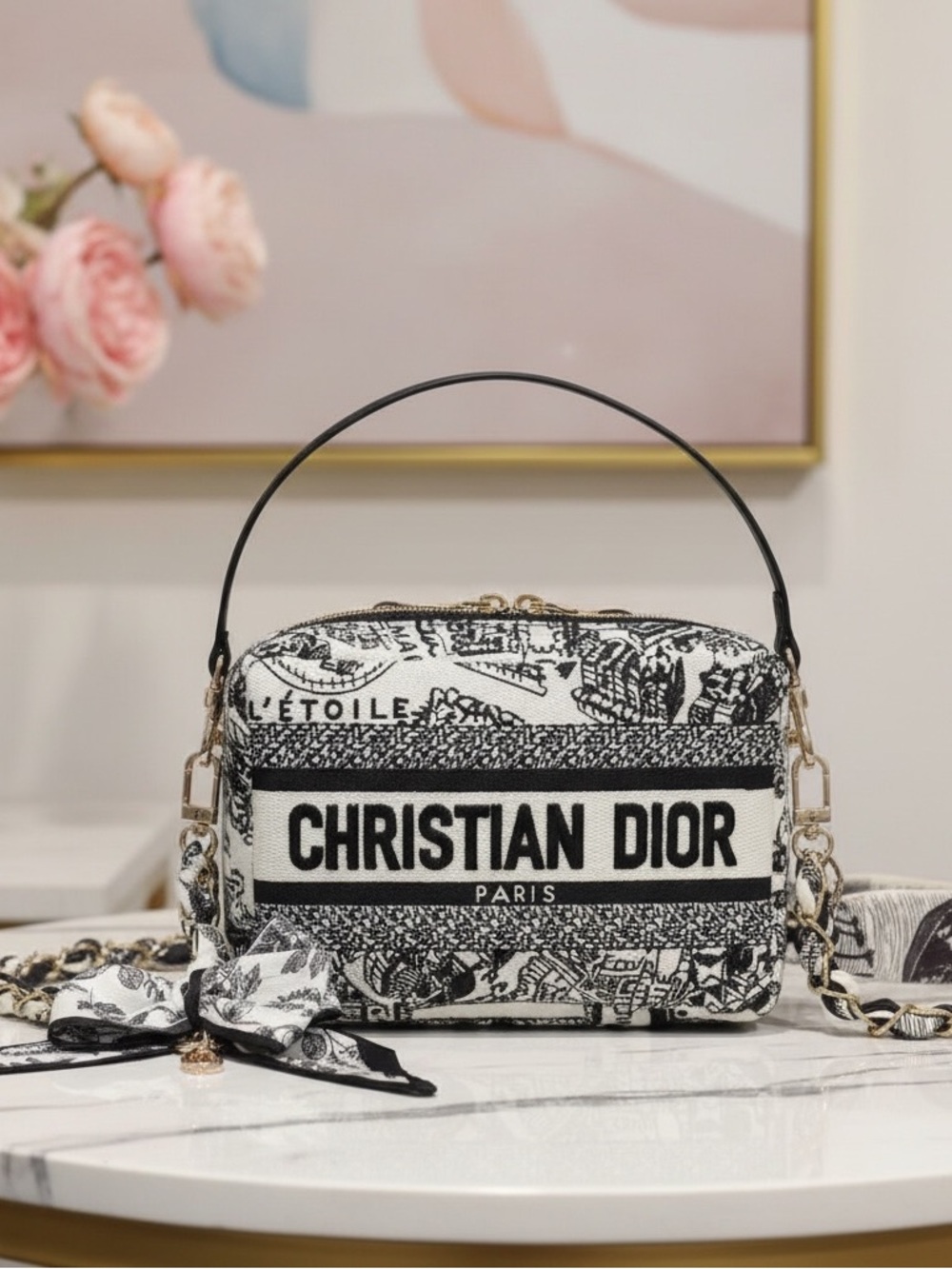 NWT Dior Caro Pouch Black & White Toile de Jouy Crossbody Bag & Shoulder strap
